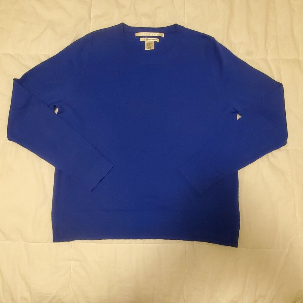 Max Studio Women's 100% Extra Fine Merino Wool Blue Pullover Sweater Size L-XL